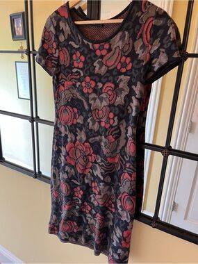 Peruvian Connection Black Floral Knit Dress with Soft Coral and Gray Pattern